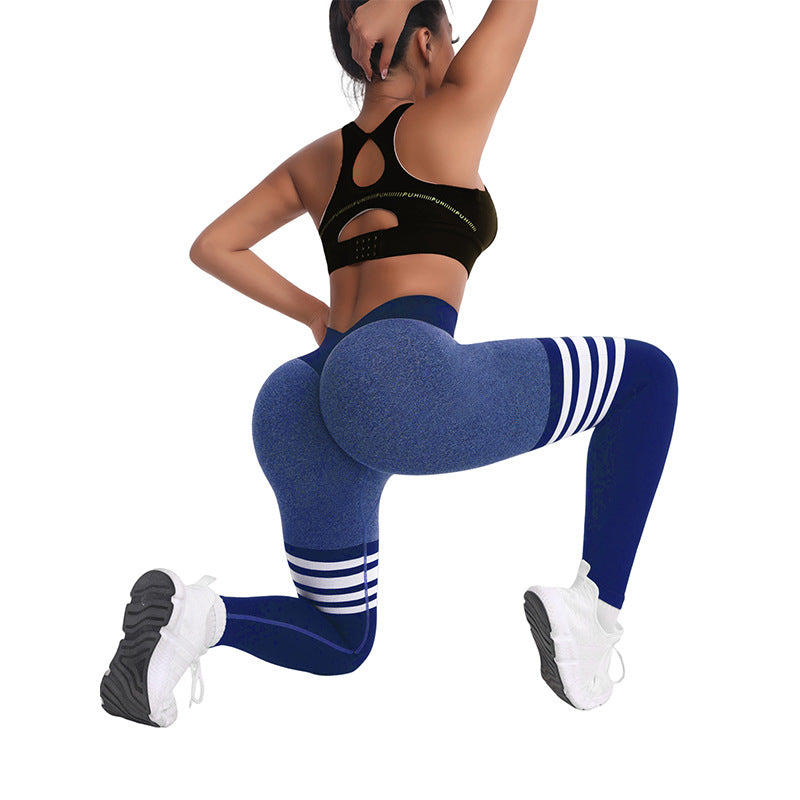 Women's High Waist Peach Hip Yoga Leggings – Seamless Striped Fitness Pants