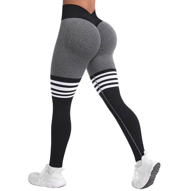 Women's High Waist Peach Hip Yoga Leggings – Seamless Striped Fitness Pants