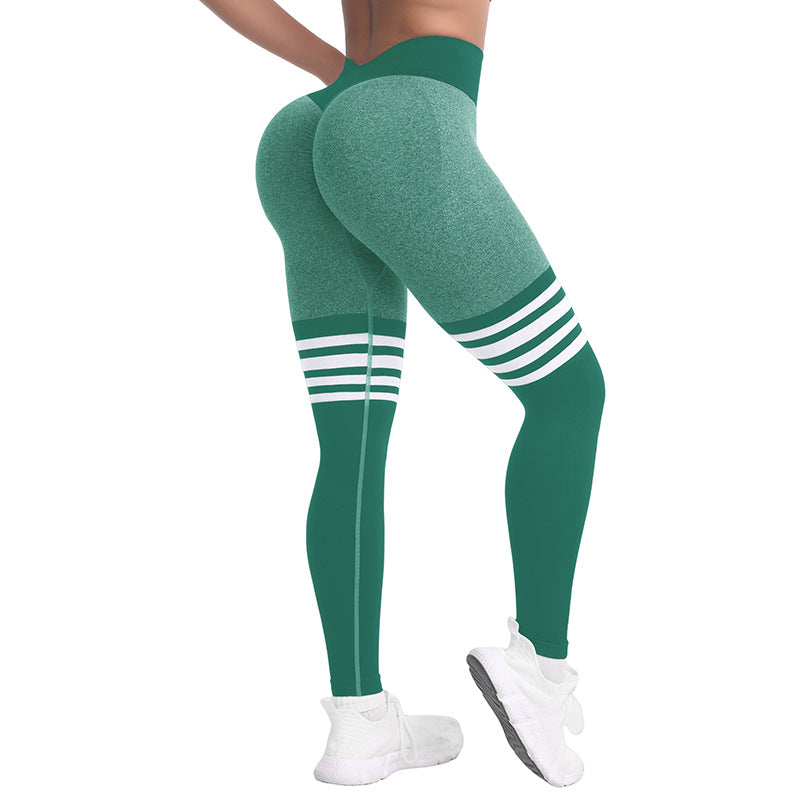 Women's High Waist Peach Hip Yoga Leggings – Seamless Striped Fitness Pants