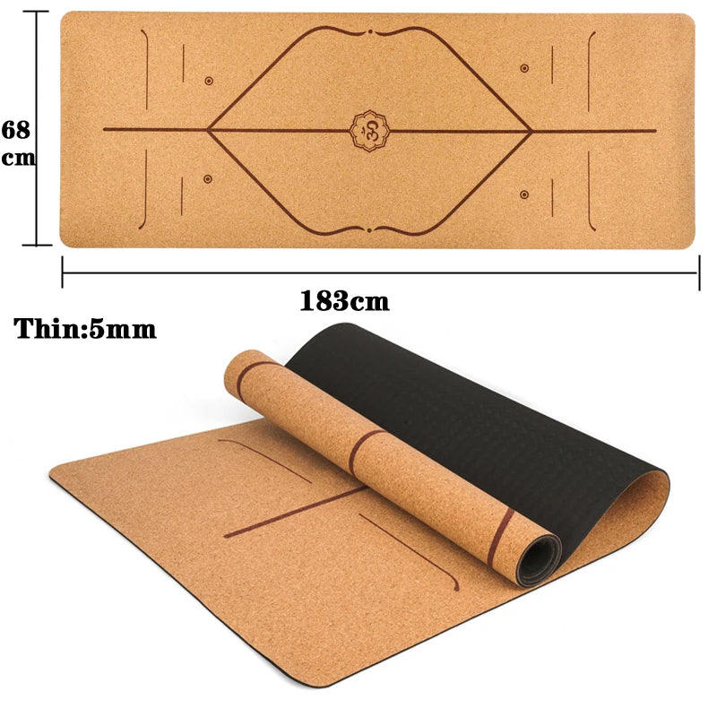 Natural Cork TPE Yoga Mat – Eco-Friendly Non-Slip 5mm Mat with Body Alignment Lines